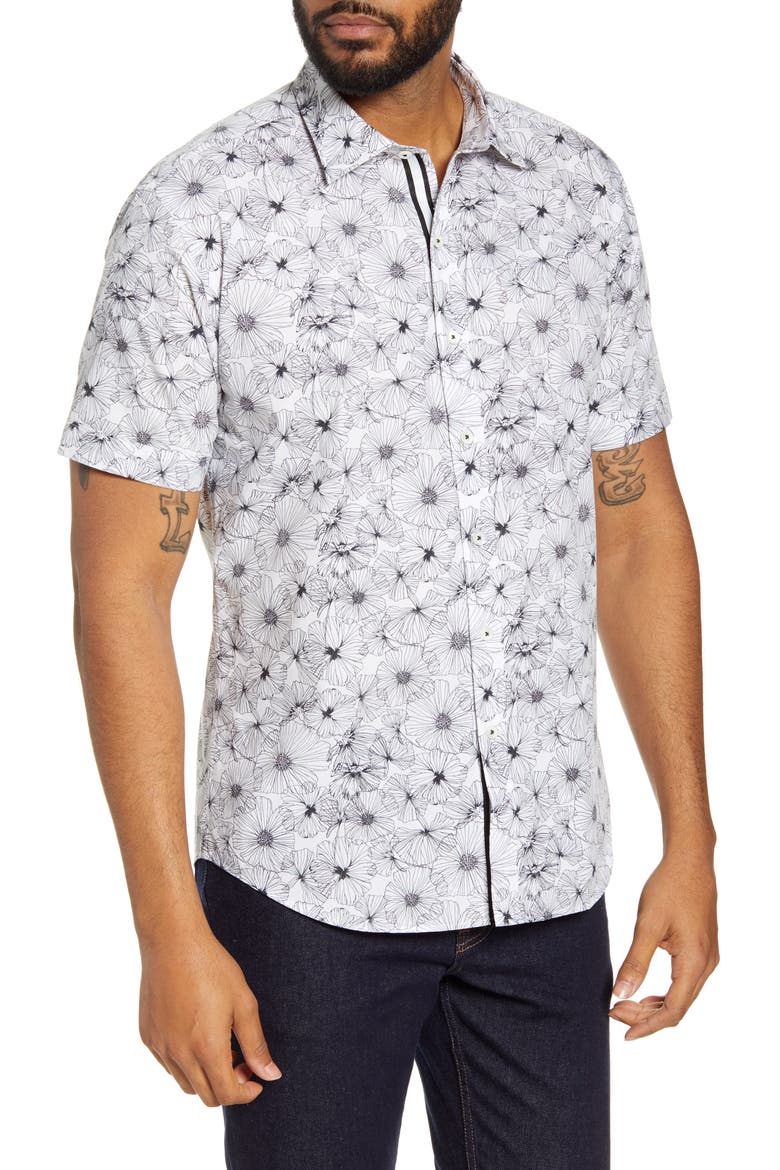 Shaped Fit Floral Print Button-Up Shirt, Main, color, WHITE
