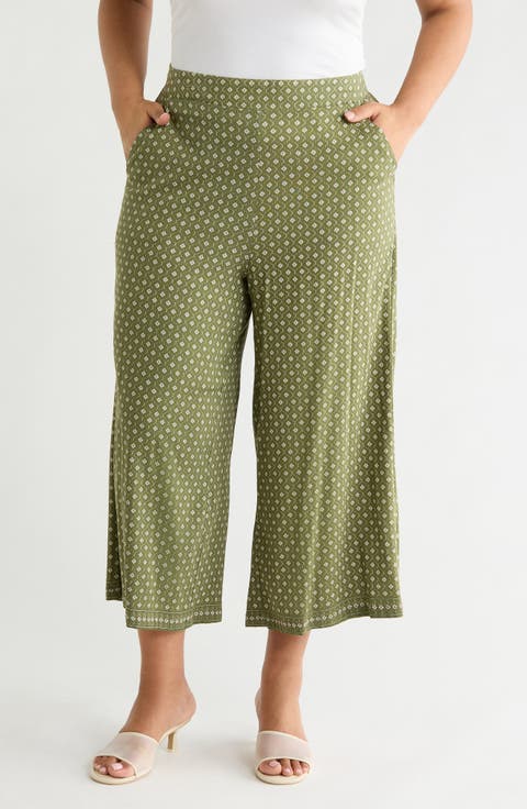 Print Crop Wide Leg Pants (Plus)