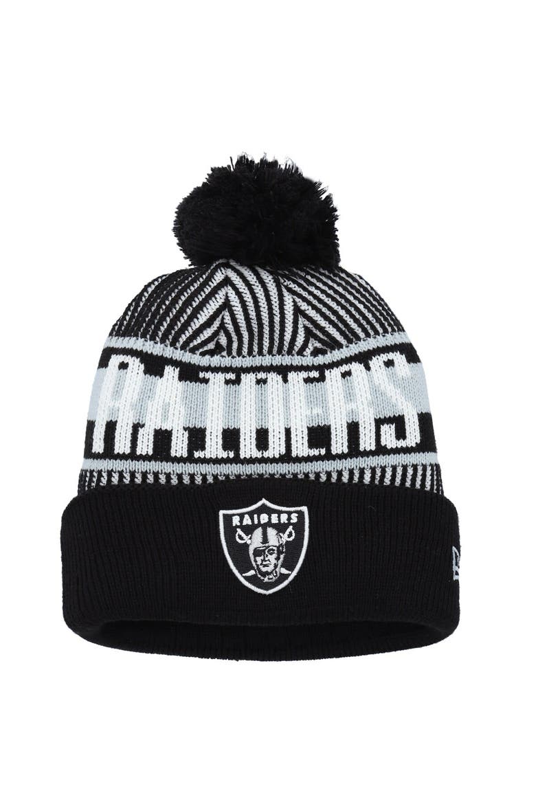 Youth New Era Black Las Vegas Raiders Striped  Cuffed Knit Hat with Pom, Main, color, Black