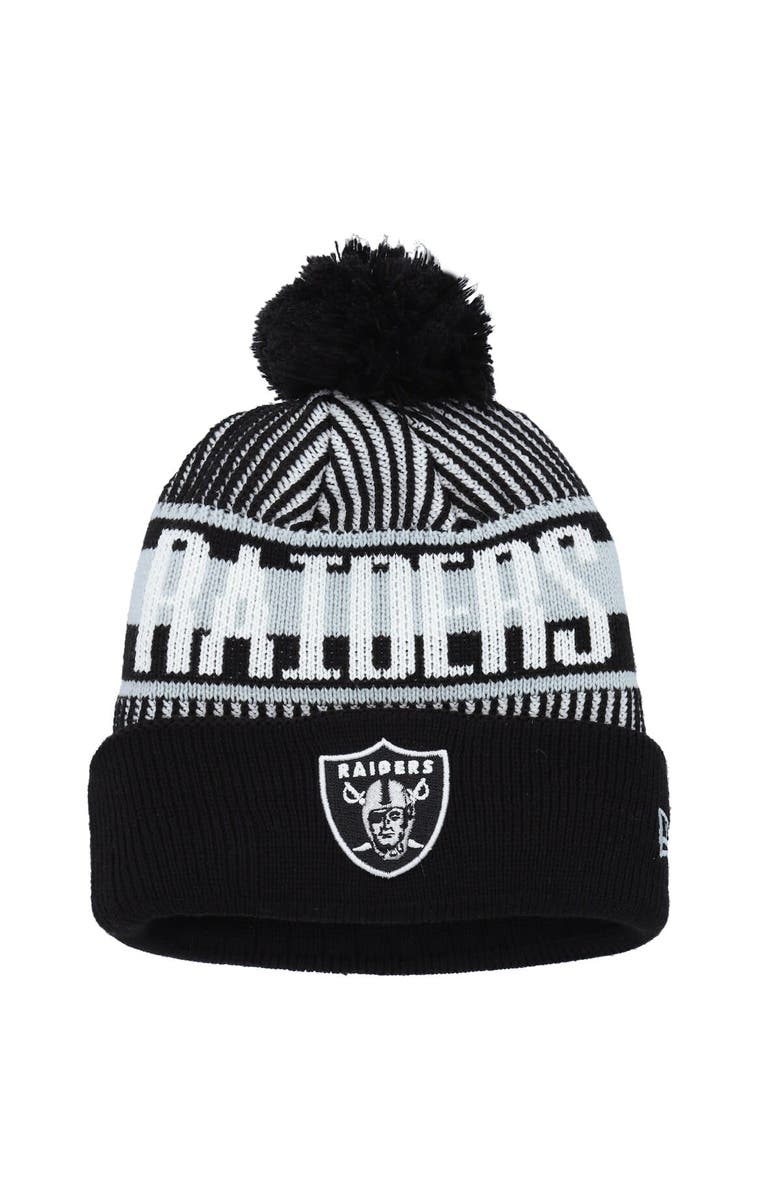 New Era Youth New Era Black Las Vegas Raiders Striped Cuffed Knit Hat with Pom, Main, color, Black