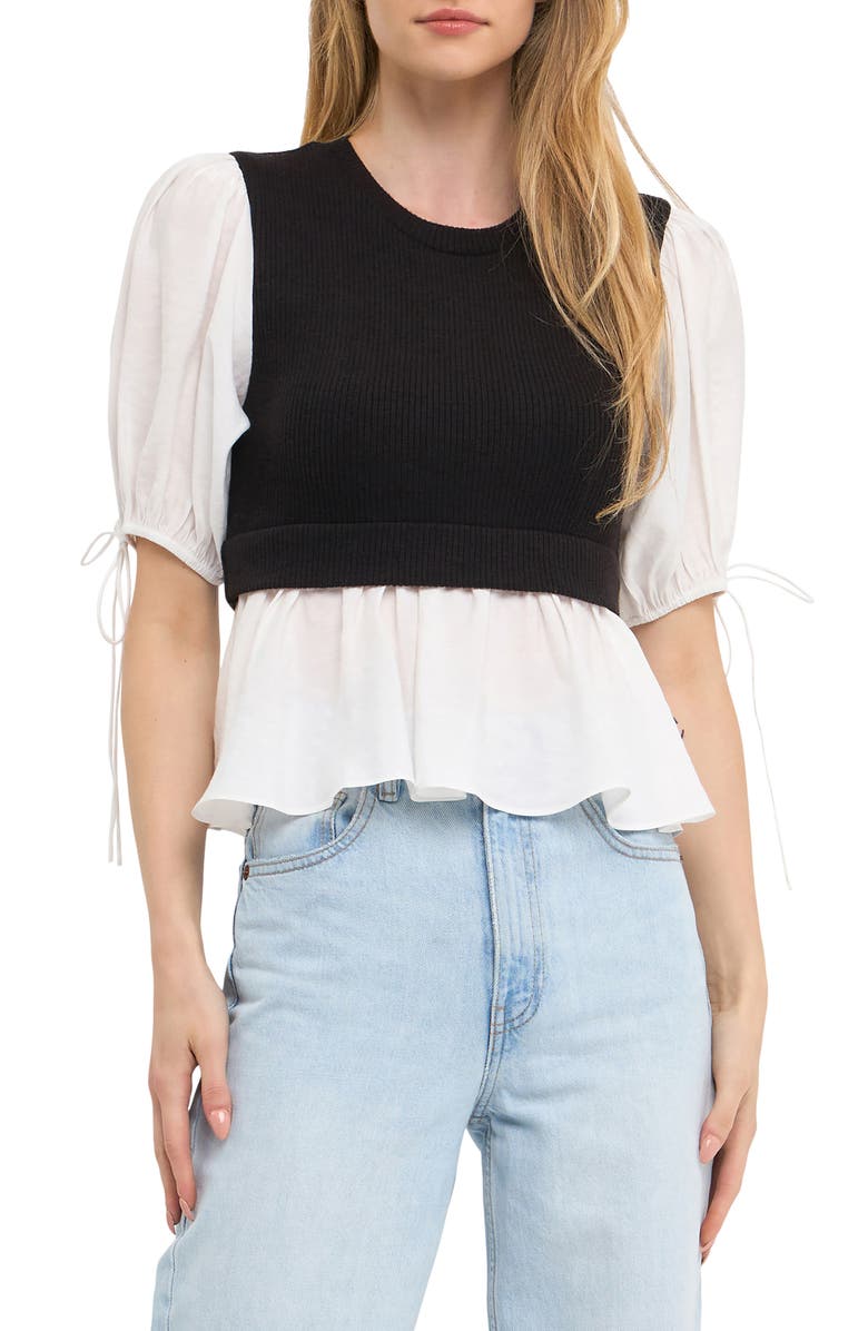 English Factory Mixed Media Puff Sleeve Top, Alternate, color,