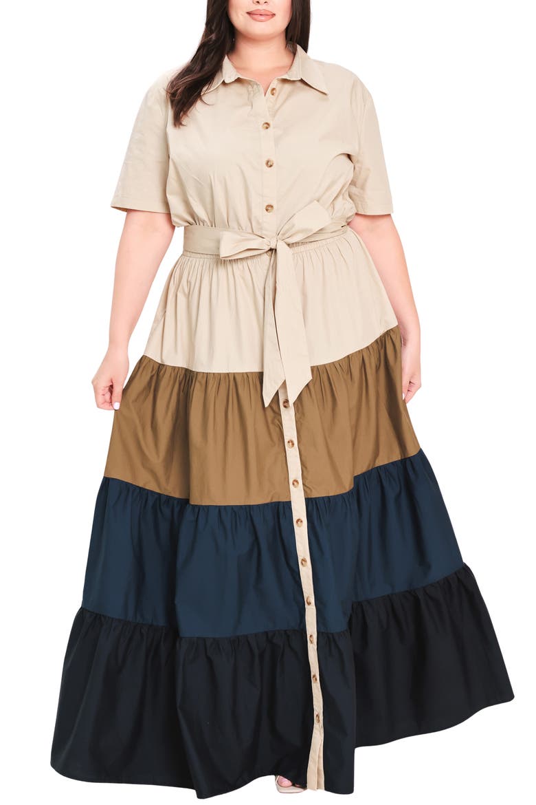 Tiered Button Front Maxi Dress, Main, color, NAVY BROWN