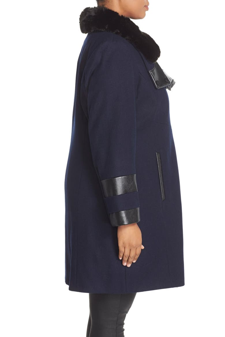 Faux Leather & Faux Fur Trim Asymmetrical Wool Blend Coat, Alternate, color, NAVY