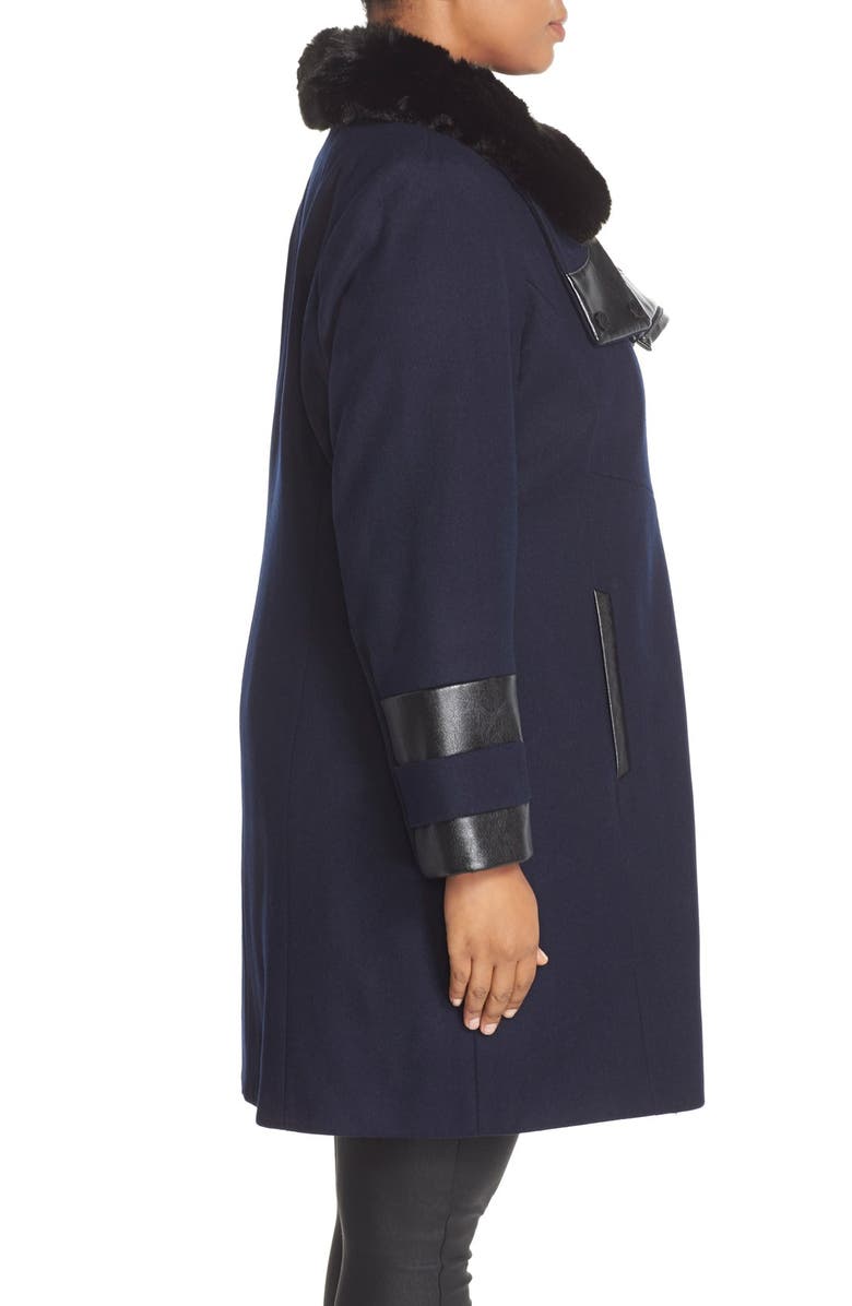 Via Spiga Faux Leather & Faux Fur Trim Asymmetrical Wool Blend Coat, Alternate, color, 