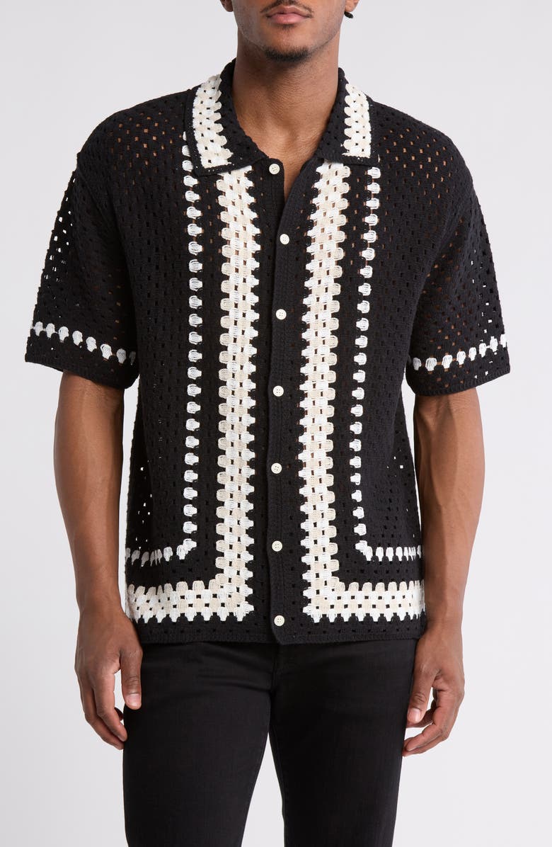 TRUTH Open Stitch Short Sleeve Button-Up Shirt, Main, color, Black Combo