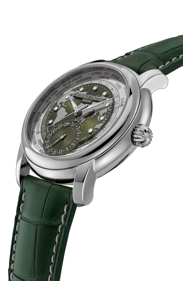 FREDERIQUE CONSTANT Classic Manufacture Worldtimer Green Automatic Leather Strap Watch, 42mm, Alternate, color, 