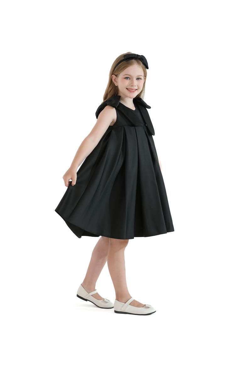 Palermo Satin Bow Pleated Dress, Alternate, color, Black