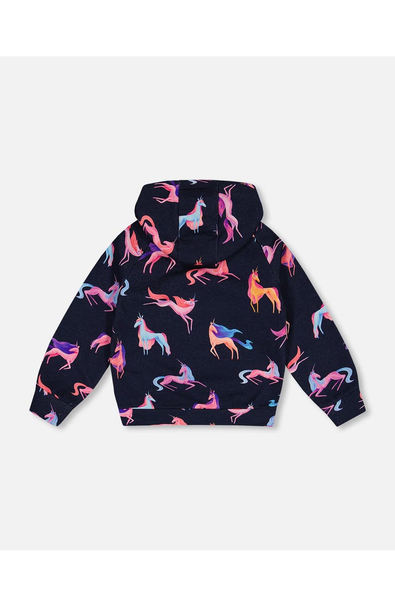 Deux par Deux Girl's Hooded Sweatshirt Navy Printed Unicorn, Alternate, color, 