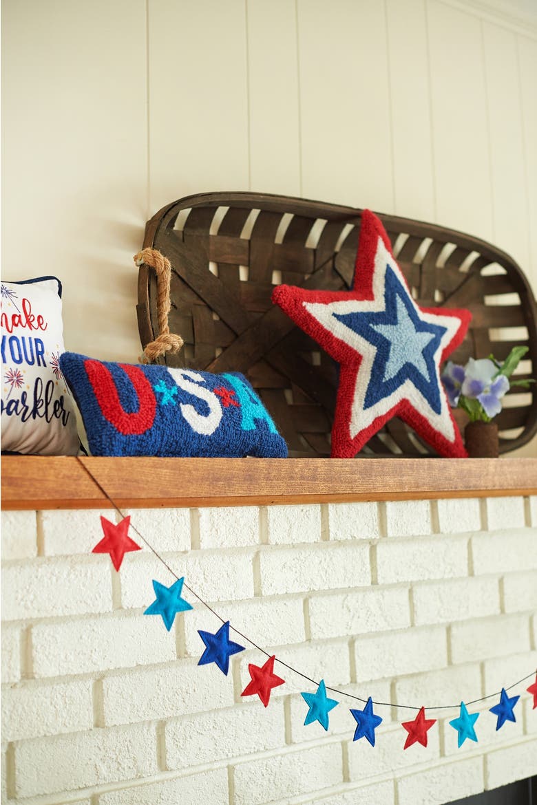 Patriotic Red White & Blue Star Shaped Hooked Accent Throw Pillow, 18" x 18", Alternate, color, Blue