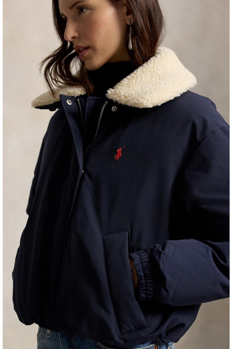 Matte Down Jacket with Faux Shearling Collar, Alternate, color, NAVY