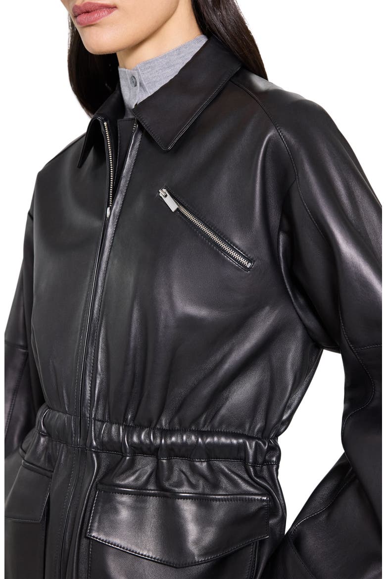 Cinch Waist Leather Jacket, Alternate, color, BLACK