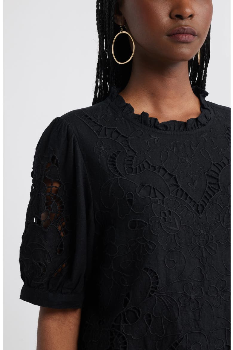 Embroidered Cutwork Puff Sleeve Linen Blend Top, Alternate, color, BLACK