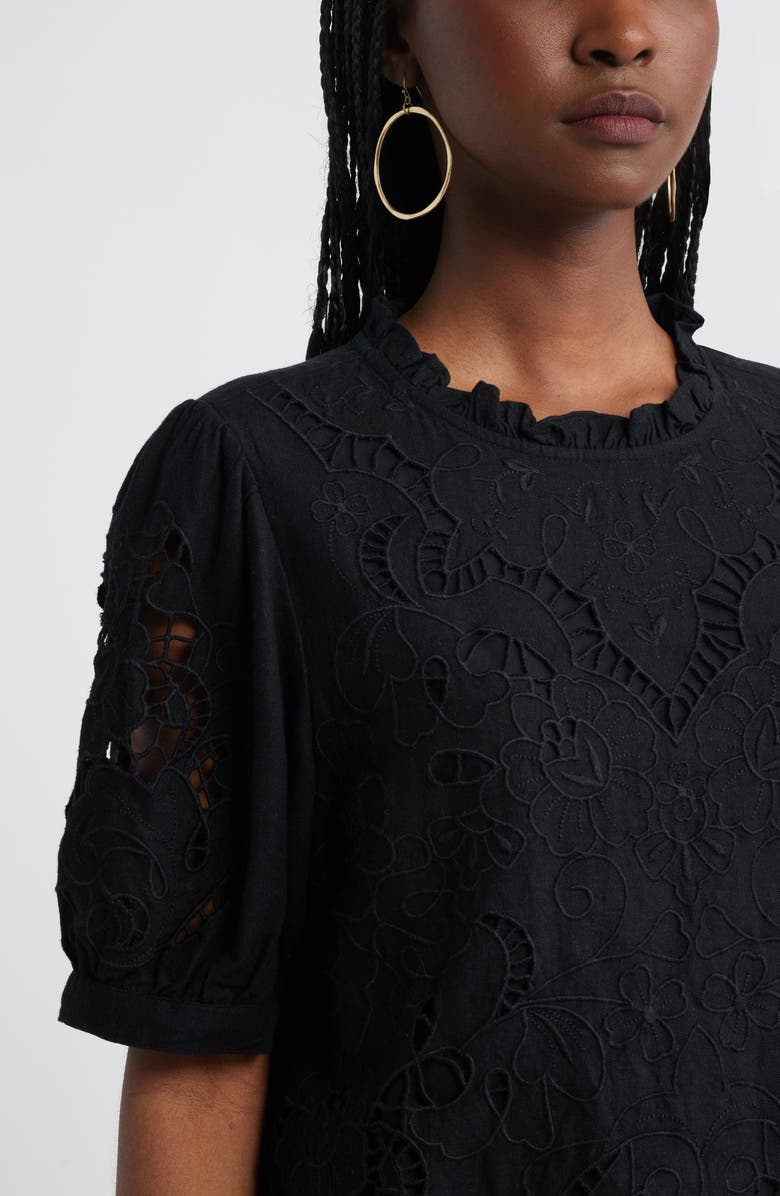 Treasure & Bond Embroidered Cutwork Puff Sleeve Linen Blend Top, Alternate, color,