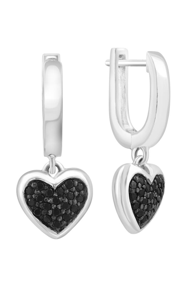 Sterling Silver Pavé Black Spinel Heart Drop Huggie Hoop Earrings, Main, color, BLACK