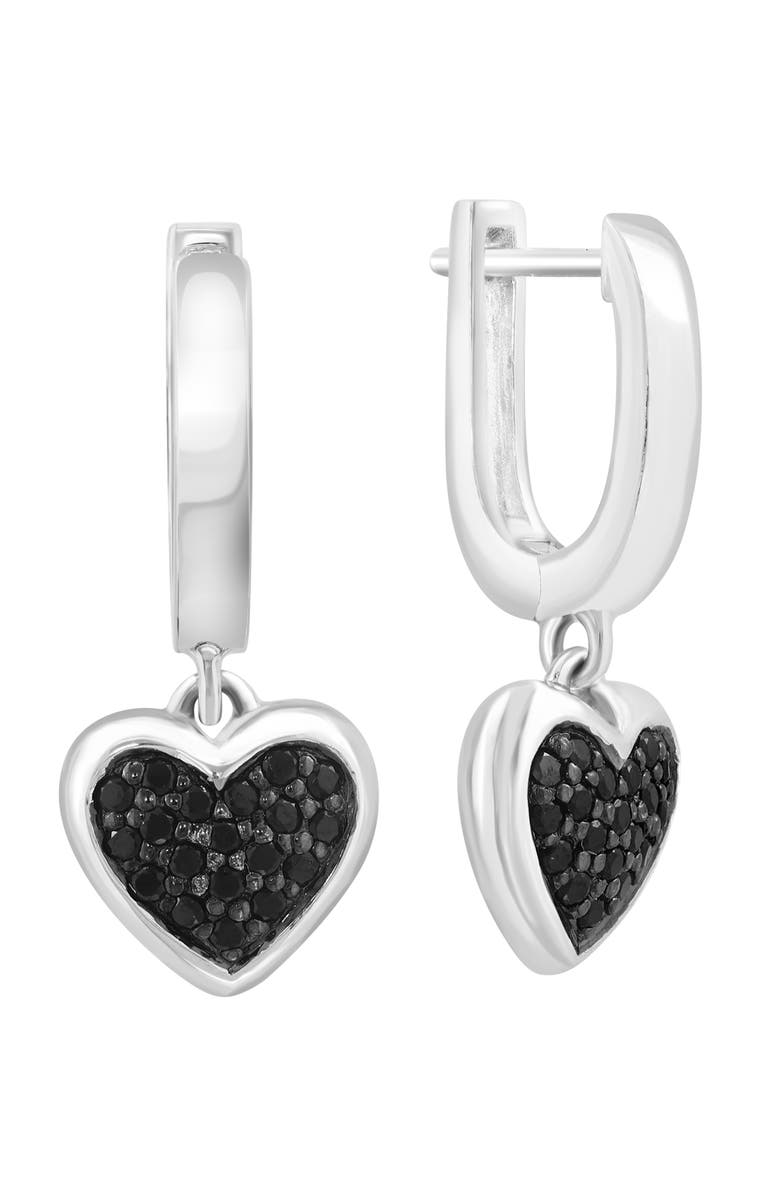 EFFY Sterling Silver Pavé Black Spinel Heart Drop Huggie Hoop Earrings, Main, color, Black