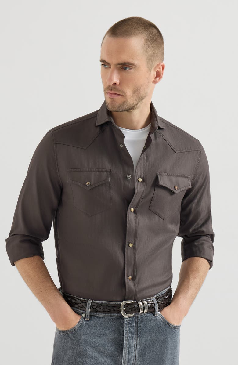 Brunello Cucinelli Garment-dyed chevron shirt, Alternate, color, Brown