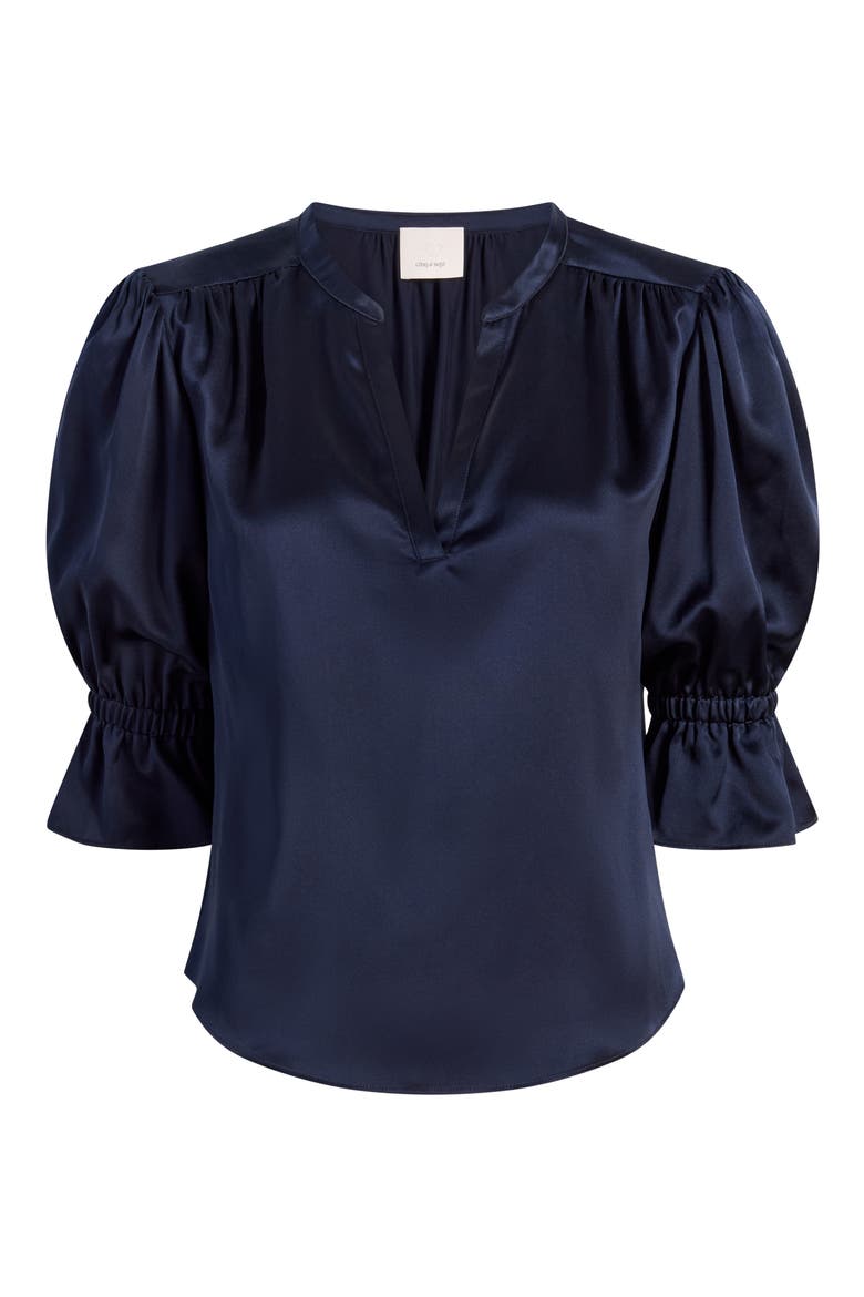Fiona Split Neck Silk Top, Alternate, color, NAVY