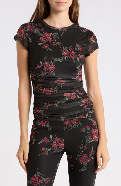 Lacey Cap Sleeve Ruched Mesh Top