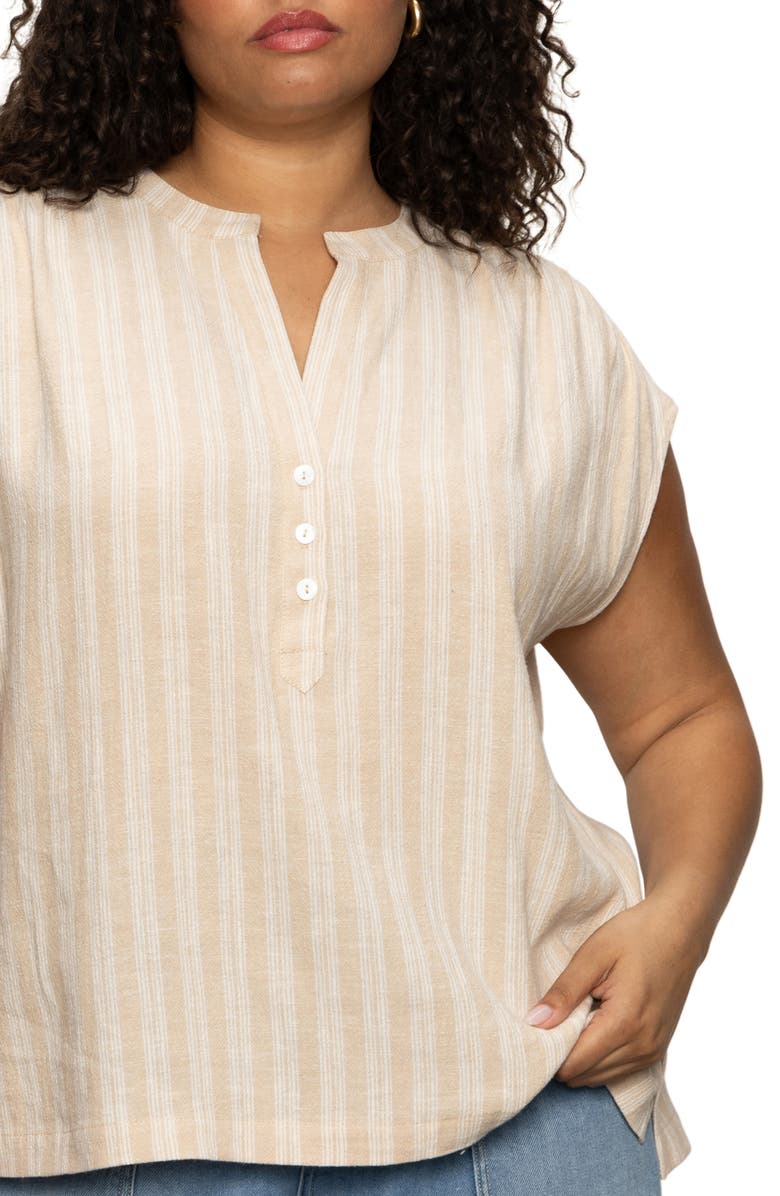 Sanctuary By The Bay Stripe Short Sleeve Linen Blend Button-Up Shirt, Alternate, color, Sandstone Stripe