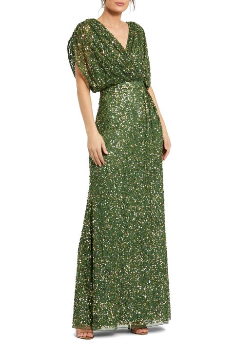 Draped Sleeve Sequin V-Neck Gown