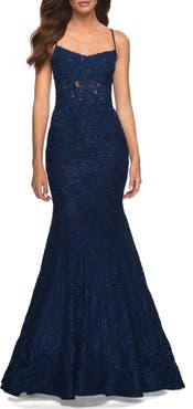 La Femme Mermaid Lace Gown with Sheer Bodice and Open Back