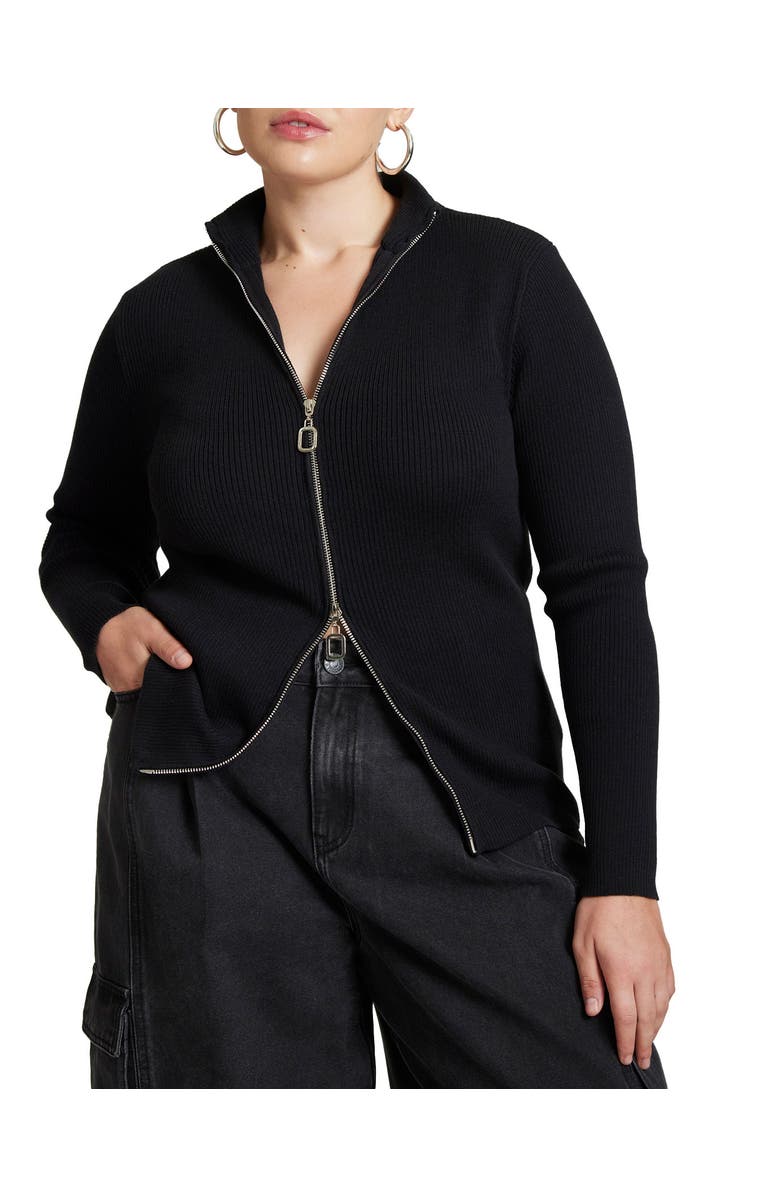 ELOQUII Two Way Zipper Sweater, Main, color, Black Onyx