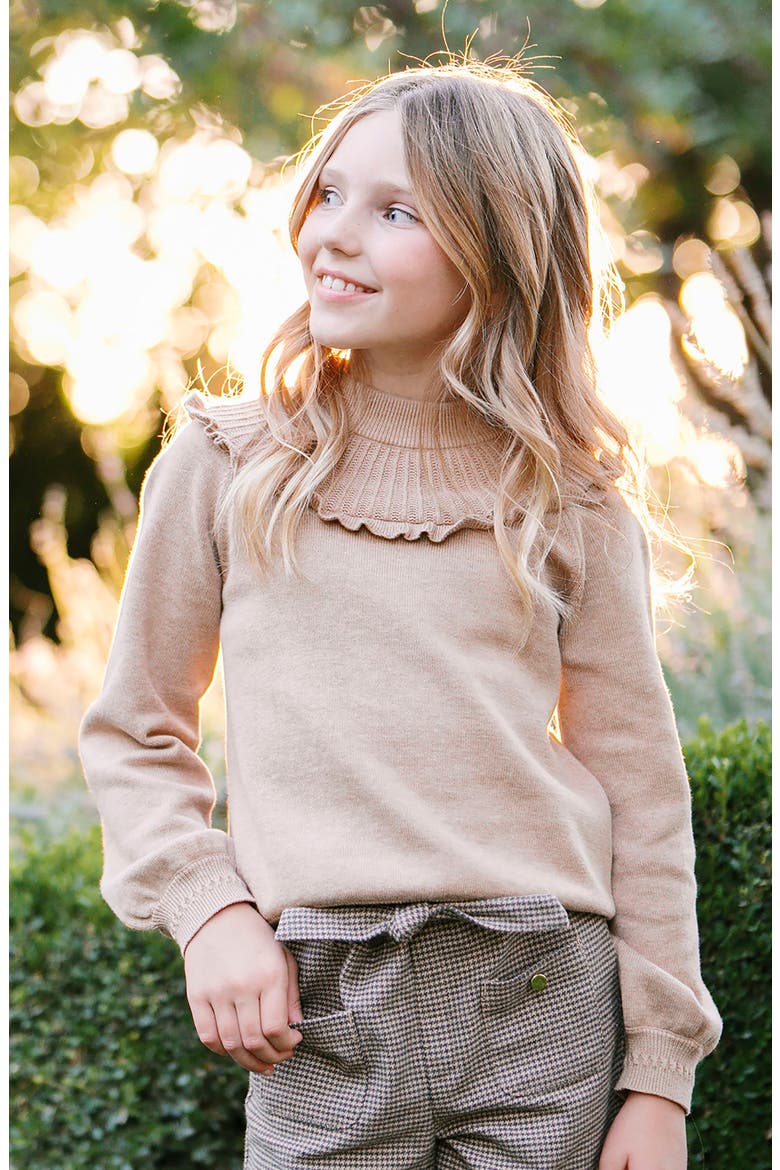 Kids' Organic Long Sleeve Mock Neck Sweater with Ruffle, Alternate, color, Camel Heather