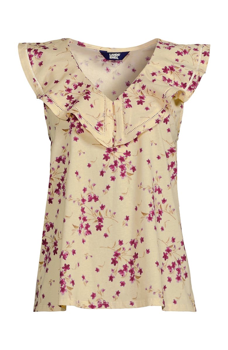 Lands' End V Neck Cascade Ruffle Top, Alternate, color, Cream/Granite Snowdrop Floral