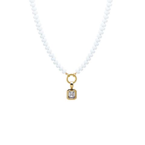 Colored Natural Stone Beaded /CZ Emerald Bezel Charm Necklace