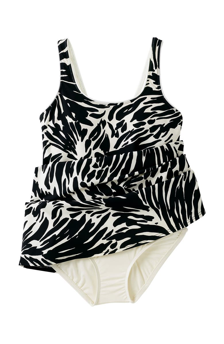 Lands' End Scoop Neck Mini Swim Dress One Piece Swimsuit, Alternate, color, Black/Egret White Leaf Scroll