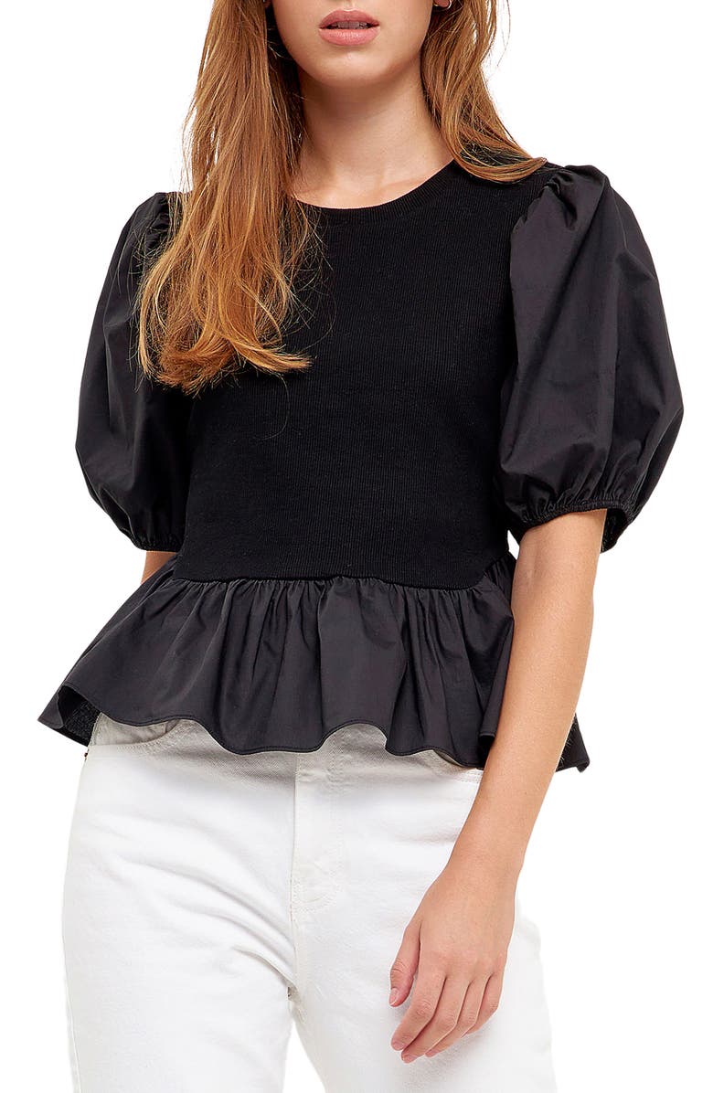 English Factory Mixed Media Puff Sleeve Peplum Top, Main, color, 