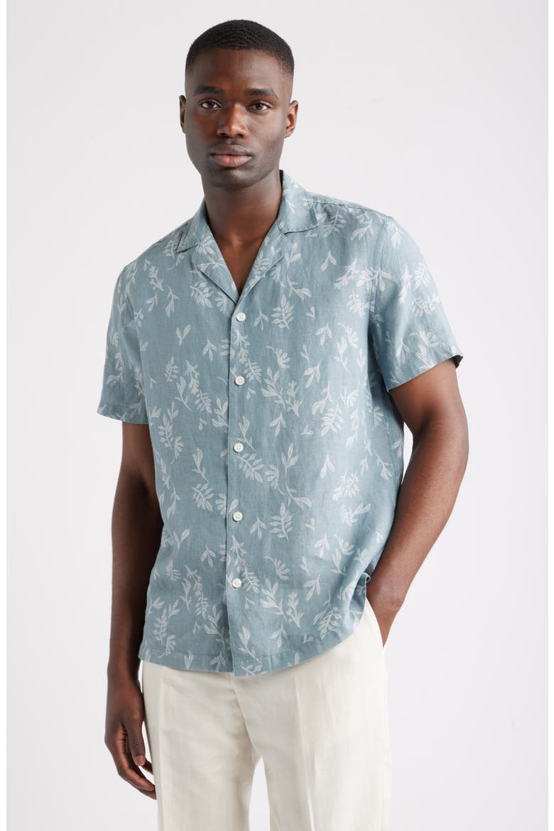 Botanical Print Linen Camp Shirt, Main, color, BLUE SPRUCE STAMPED LEAVES