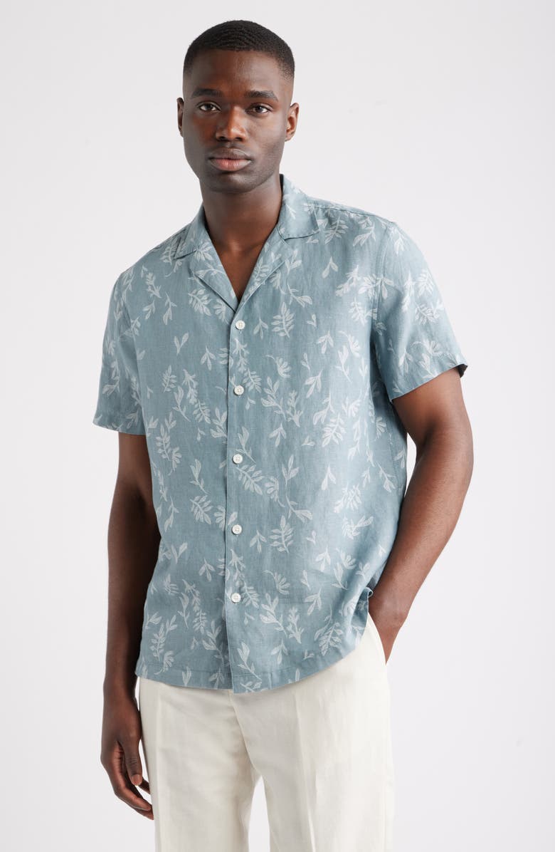 Nordstrom Bontanical Print Linen Camp Shirt, Main, color, Blue Spruce Stamped Leaves