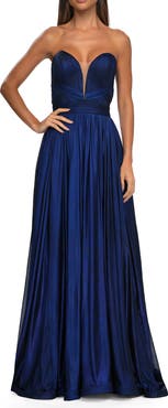 La Femme Flowy Metallic Net Jersey Prom Dress with Intricate Ruched Bodice