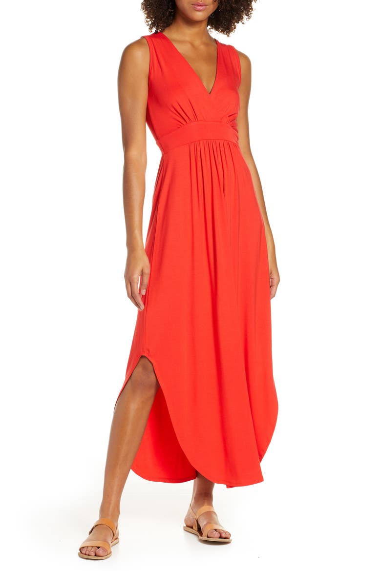 V-Neck Jersey Dress, Main, color, RED