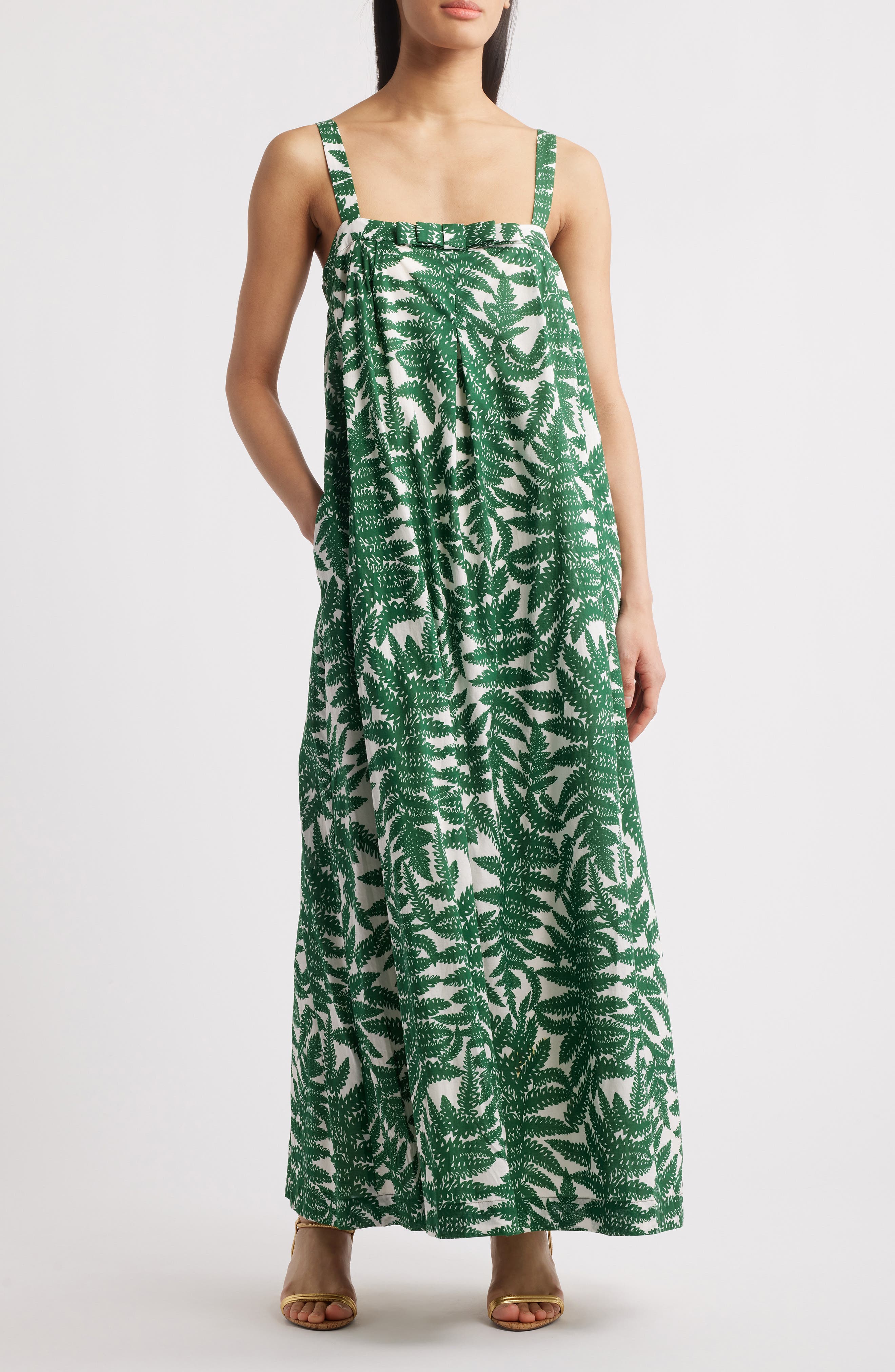 Du Paradis Mimosa Sun Leaf Print Cotton Maxi Dress