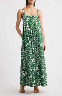 Du Paradis Mimosa Sun Leaf Print Cotton Maxi Dress