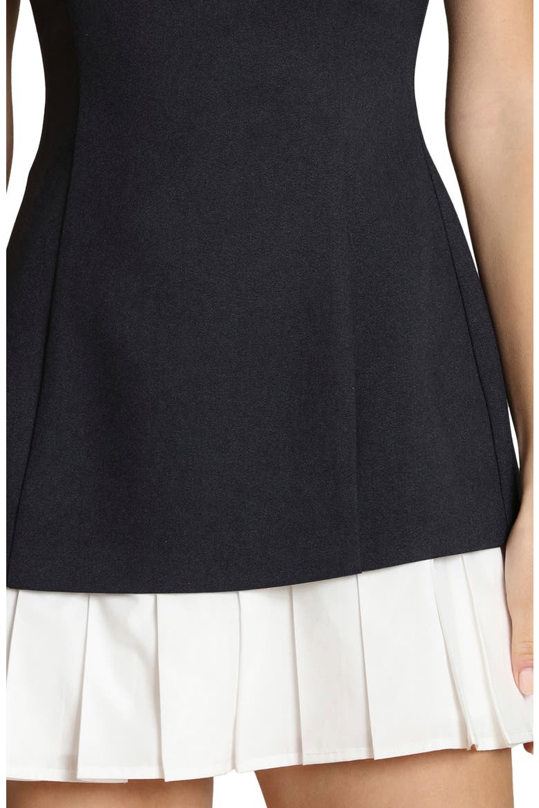 Pleated Drop Waist Mixed Media Minidress, Alternate, color, NAVY AND WHITE