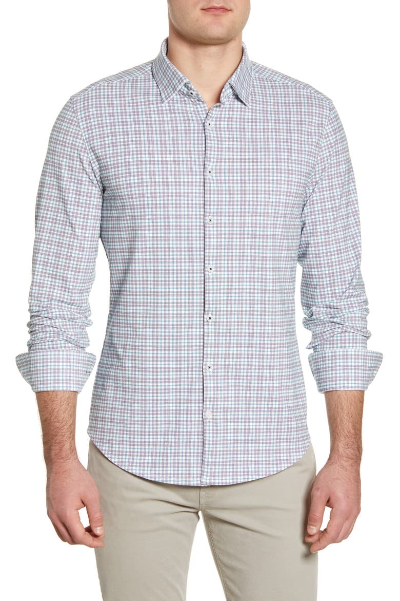 Slim Fit Plaid Button-Up Performance Shirt, Main, color, PINK