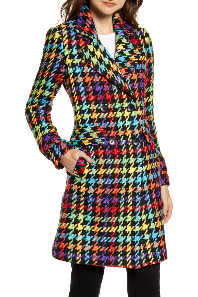 Double Breasted Pop Plaid Reefer Coat, Alternate, color, BLK POP PLAID