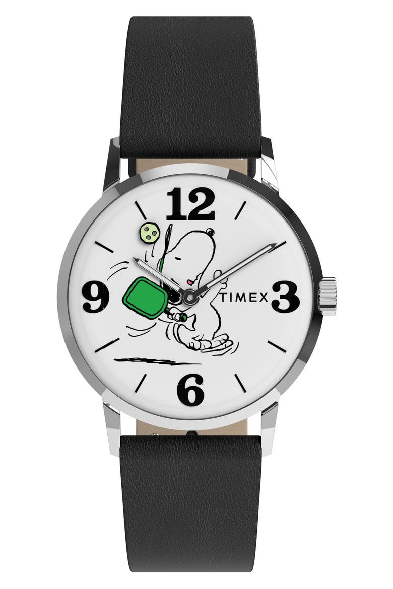 Peanuts® x Timex Marlin® Pickleball 38mm Leather Strap Watch, Main, color, WHITE/ SILVER-TONE