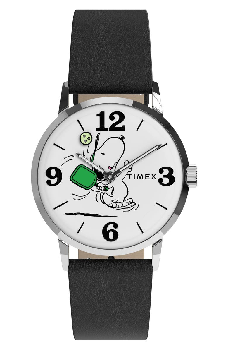 Timex<sup>®</sup> Peanuts<sup>®</sup> x Timex Marlin<sup>®</sup> Pickleball 38mm Leather Strap Watch, Main, color, White/ Silver-Tone