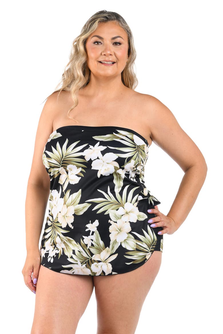 Greenery Spa Bandeau One-Piece Swimsuit, Alternate, color, BLACK