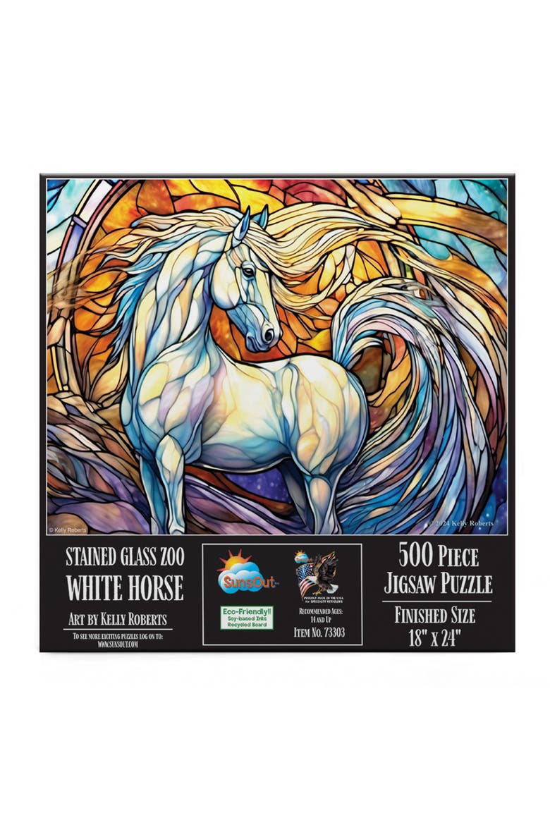 Stained Glass Zoo White Horse 500 piece Jigsaw Puzzle for Adults, Alternate, color, Multicolor