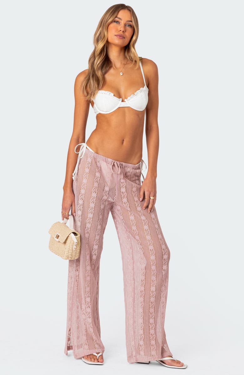 EDIKTED Emboidered Sheer Cotton Blend Lace Drawstring Cover-Up Pants, Alternate, color, Pink