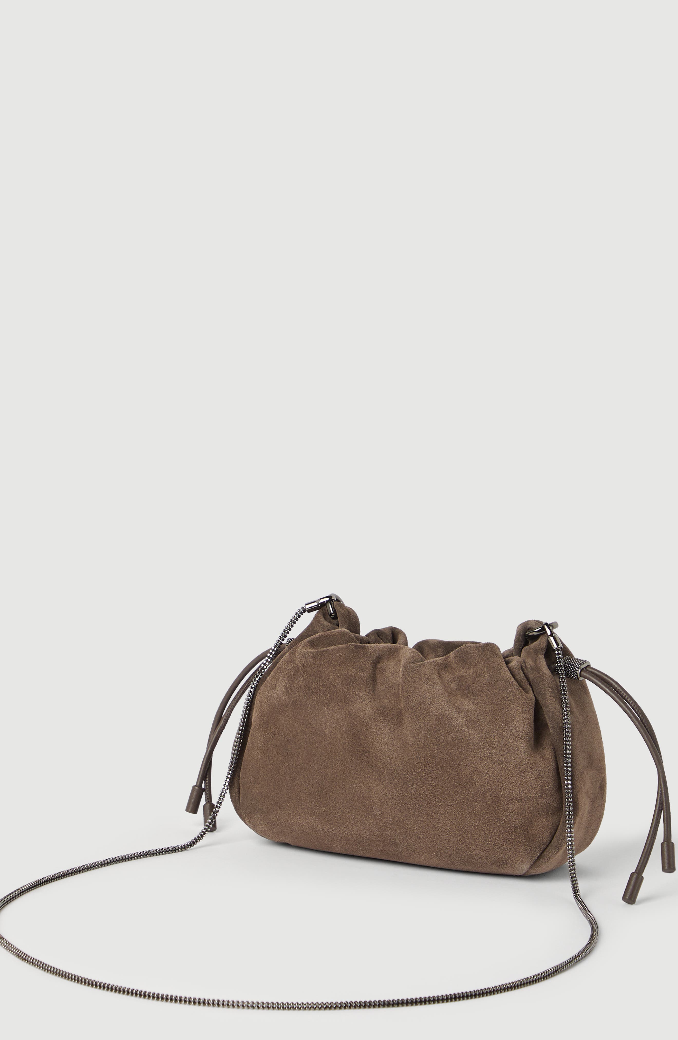 Brunello Cucinelli Suede mini Mellow Bucket bag, Alternate, color, Light Brown