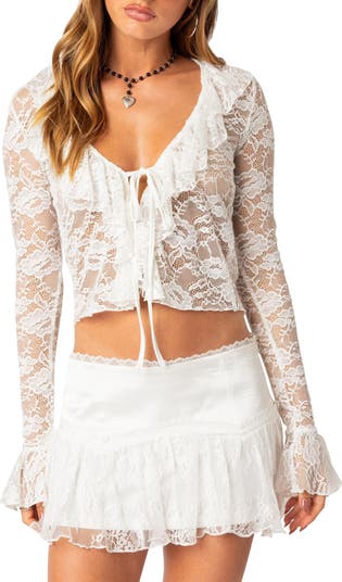 EDIKTED Josalie Tie Front Lace Crop Top | Nordstrom
