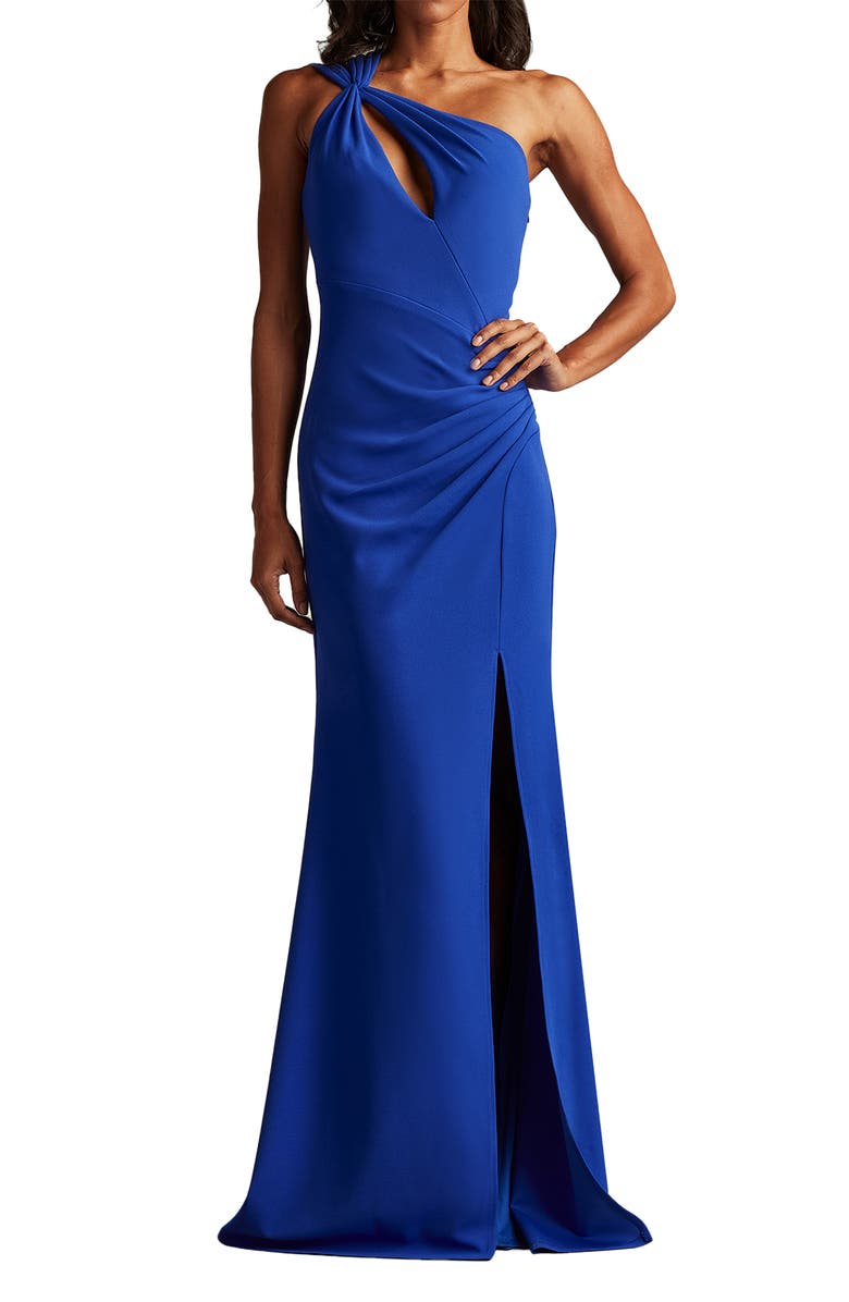 Tadashi Shoji Twist Detail One-Shoulder Crepe Gown, Main, color, Mystic Blue