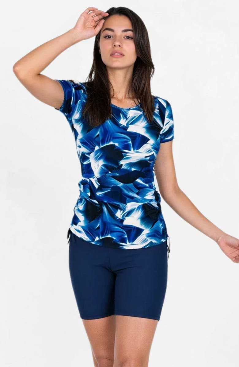 Calypsa Short Sleeve Adele Swim Top and Navy Mid-Thigh Swim Shorts Set, Main, color, Navy Wave