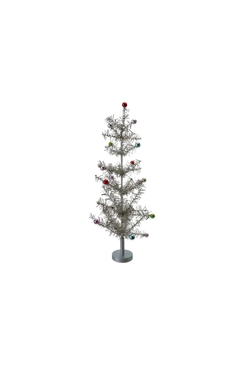 Large Tinsel Tree with Multicolor Ball Ornaments, Silver Finish, Main, color, Silver